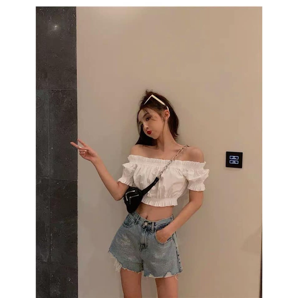 [Croptop] Áo croptop trễ vai bo rúm siêu hot trend