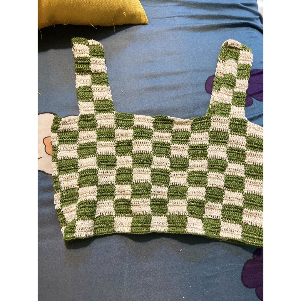 Áo len croptop hai dây  - handmade HỌA TIẾT CARO SIÊU HOT