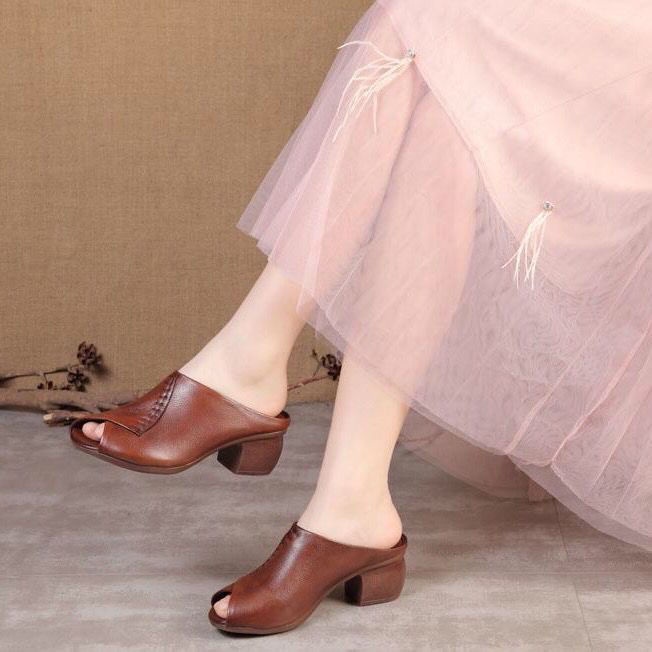 Dép Da Đế Dày Mềm Mại Hở Mũi Phong Cách Retro Thời Trang Cho Nữ