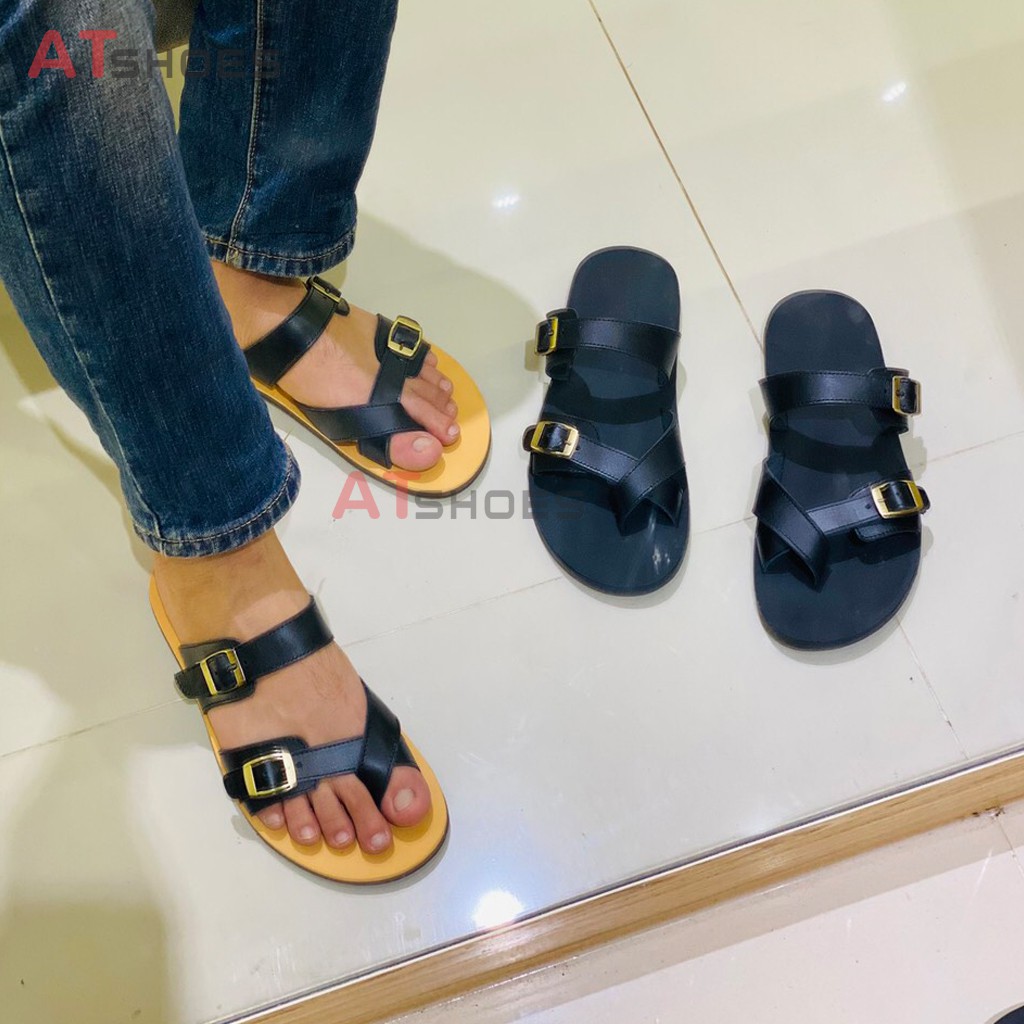 Dép da nam cao cấp Dép sandal nam quai ngang Trẻ Trung Atshoes QN3M (Đen - Nâu)