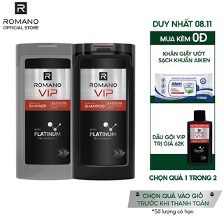 Combo dầu gội & sữa tắm cao cấp romano vip passion mạnh mẽ bí ẩn 180g/chai