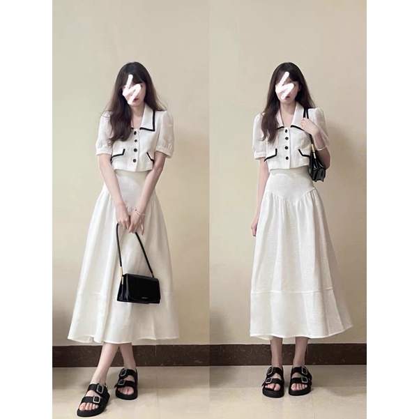 Set áo croptop cổ sen viền chân váy maxi tiểu thư