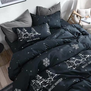 bộ chăn ga gối đệm poly cotton nhập khẩu 4 món mẫu cây thông đêm đen