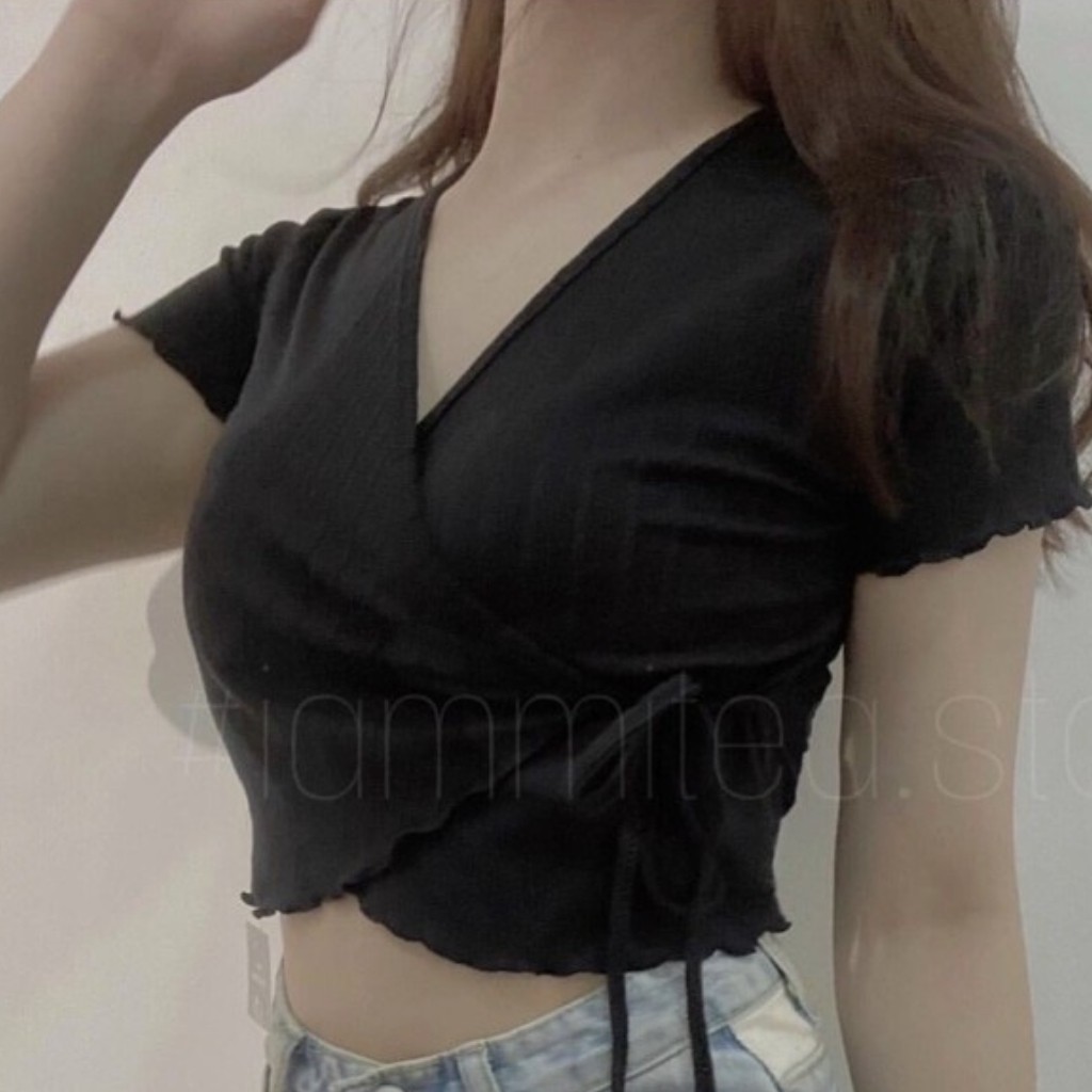 Áo Croptop Nữ Đắp Chéo Tà GenY Áo Kiểu Nữ Cổ V Chất Thun Gân Mềm Mịn | BigBuy360 - bigbuy360.vn