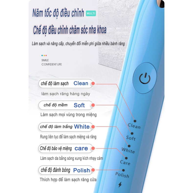 Bàn Chải Điện Tự Động Đánh Răng 5 Chế Độ Hàng Nội Địa Trung Cao Cấp,chính hãng- Tặng Kèm 3 đầu Bàn Chải（XQY52）