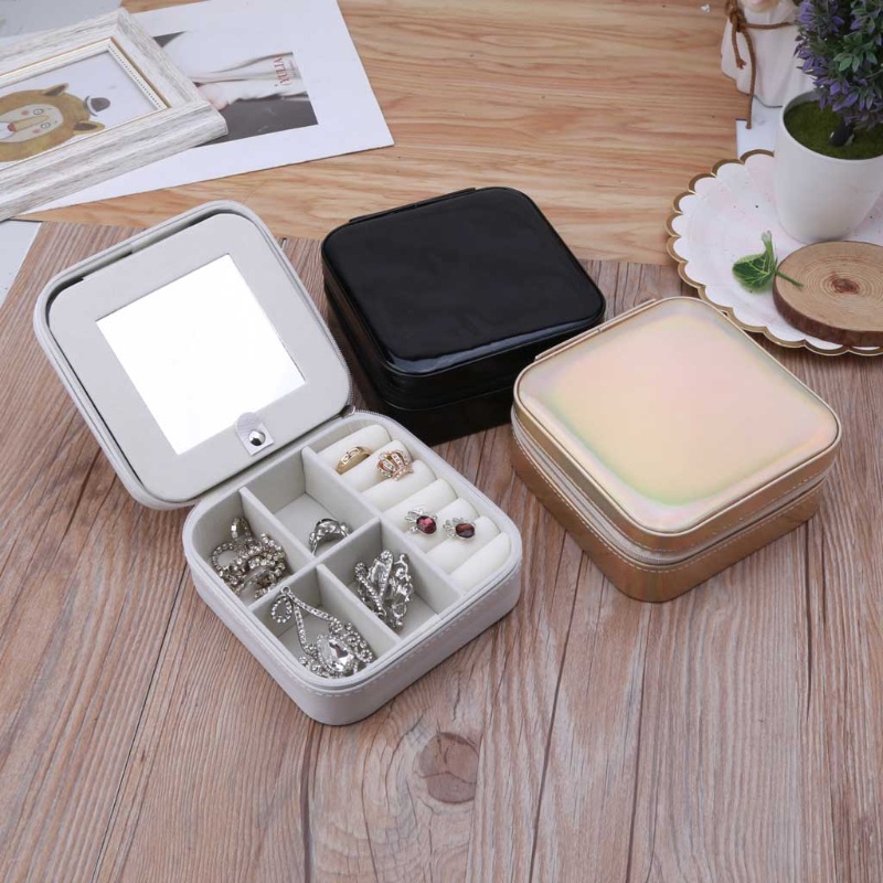 Flgo Hộp Đựng Trang Sức Mini Bằng Da Có Gương Và Khóa Kéo Tiện Dụng Mang Theo Du Lịch