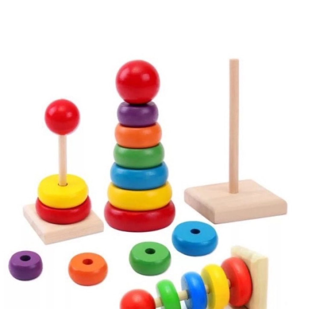 Đồ chơi gỗ cho bé tháp gỗ xếp chồng 7 màu sắc cầu vồng - đồ chơi thông minh Bonkids toys