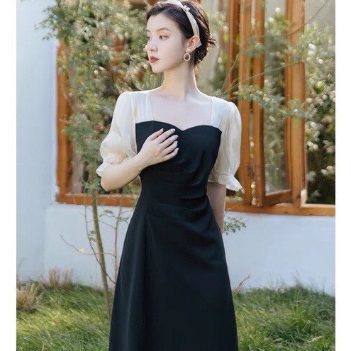 Đầm dự tiệc thiết kế,phong cách hàn quốc,váy cao cấp chất liệu cotton full 2 lớp phối tay bồng tằm ánh kim XM Minh Phúc