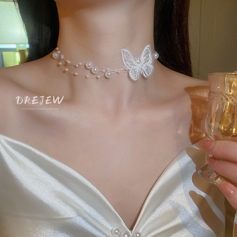 Dây chuyền DREJEW mặt hình bướm đính ngọc trai phong cách thời trang Hàn Quốc