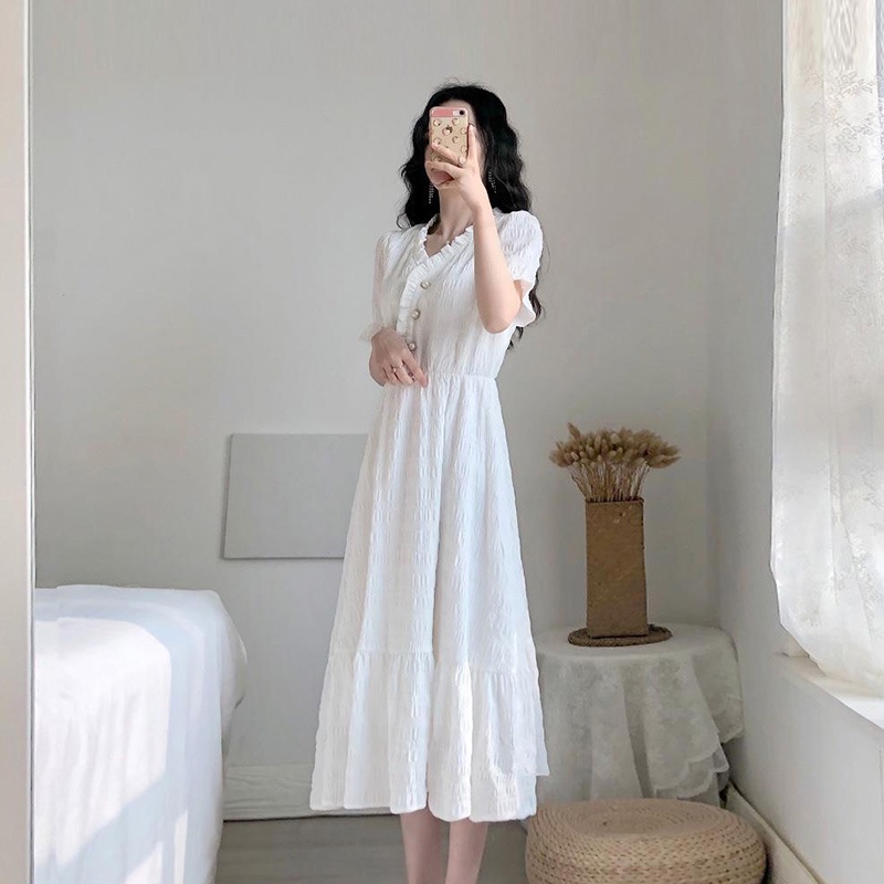 Đầm trắng IELGY tay ngắn cổ chữ V phong cách thời trang Pháp