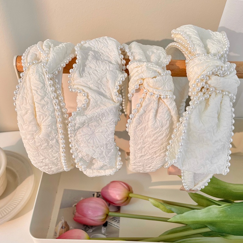 Băng Đô Cài Tóc Đính Nơ Trắng Sữa Đính Ngọc Trai Dễ Phối Đồ