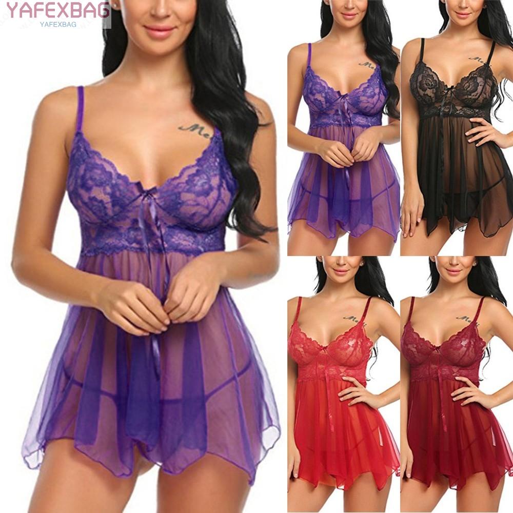 Women Sexy Lingerie See-Through Lace Sling Underwear Set Bowknot Sleepwear