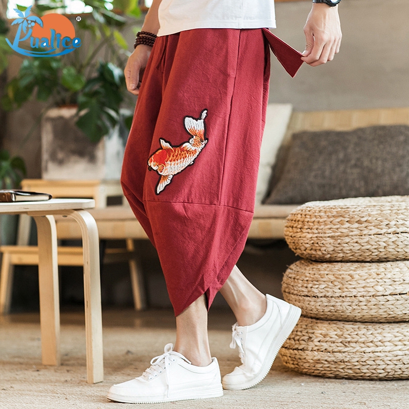 Chinese style wide-leg beach pants cropped trousers bloomers plus size retro men's trousers casual pants