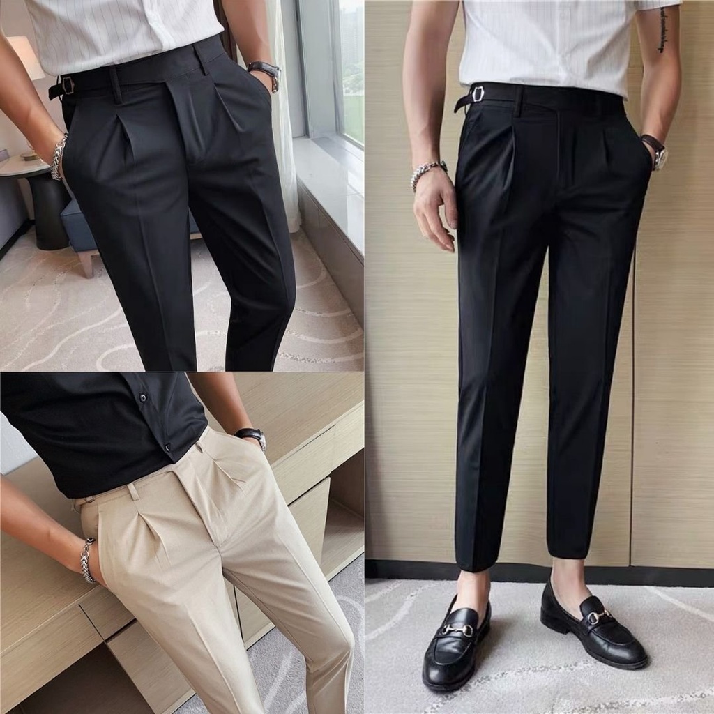 ♟quần âu nam cạp cao đai lệch màu đen ghi đậm trắng kem đẹp kiểu công sở hàn quốc cấp ống đứng côn suông rộng co giãn