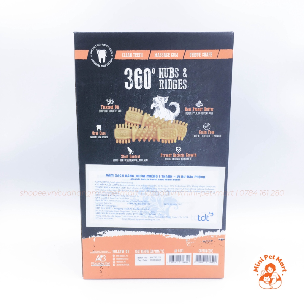 Xương gặm sạch răng, thơm miệng cho chó hình bàn chải ABSOLUTE HOLISTIC DENTAL CHEW  - Vị bơ đậu phộng