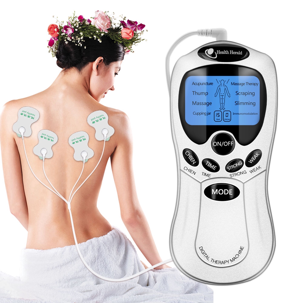 Máy massage xung điện 4 miếng dán châm cứu bấm huyệt cầm tay cho lưng cổ vai gáy