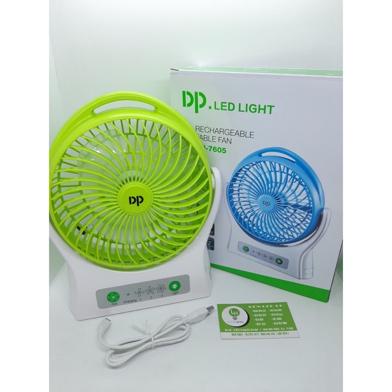 Quạt Để Bàn Tích Điện Pin Sạc Cỡ To DP Model DP7605 Có Đèn Led Và 3 Tốc Độ Gió Công Suất 4.2W Dung Lượng Pin 4000mah