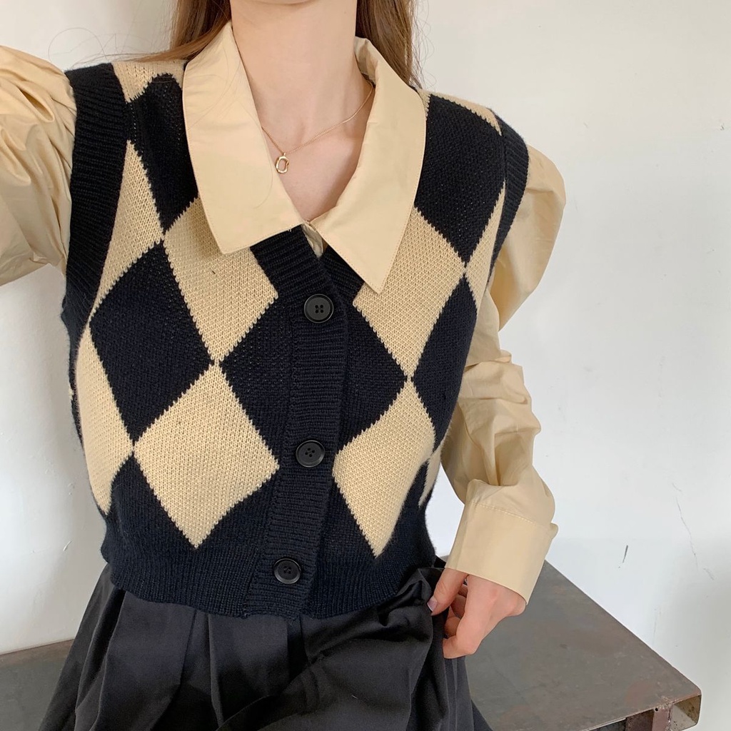 Áo len không tay họa tiết sọc theo phong cách Hàn Quốc