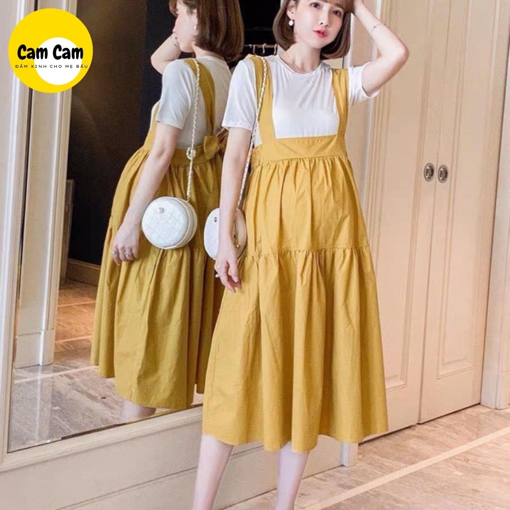 Váy bầu xinh đầm bầu trang phong cách trẻ trung nơ sau cực xinh  tháng mát màu vàng