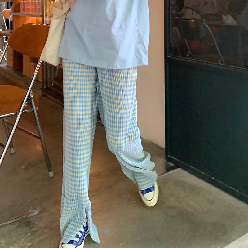 Quần Dài Lưng Cao Ống Rộng Thiết Kế Xẻ Tà Họa Tiết Sọc Caro Thời Trang