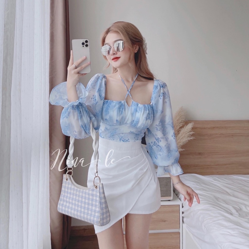 Set Áo Voan Tơ Trễ Vai Tay Bồng, Chân Váy Kaki Mango Nhẹ Nhàng Thanh Lịch, Mã số A46