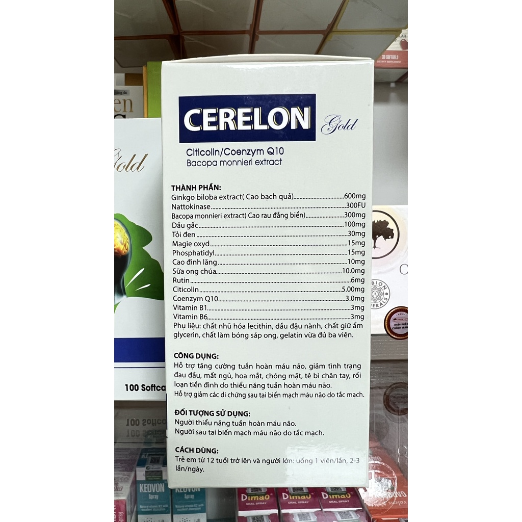 Ginkgo Cerelon gold Hoạt huyết dưỡng não, tăng cường tuần hoàn lưu thông máu não.suckhoechomoinha.hộp 100 vien