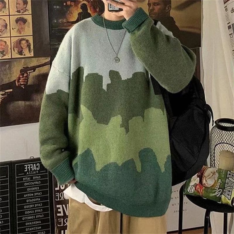 Áo sweater dệt kim tay dài cổ tròn nhuộm màu phong cách đường phố hip hop Hàn Quốc cho nam size M-2XL