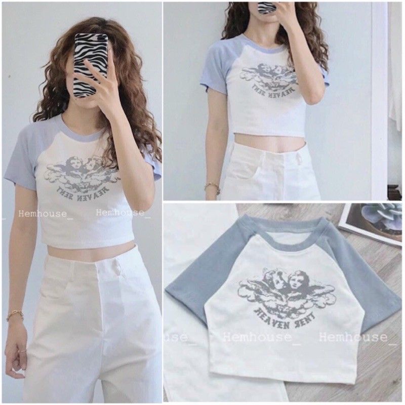 Áo thun croptop phối in hình HEVENT SENT