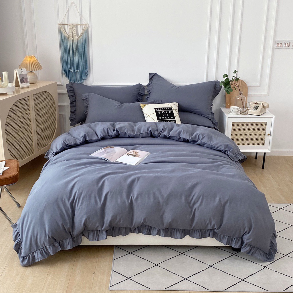 Bộ chăn ga gối cotton tici một màu, bộ ga trải giường viền bèo sang trọng mềm mại thoáng mát | BigBuy360 - bigbuy360.vn