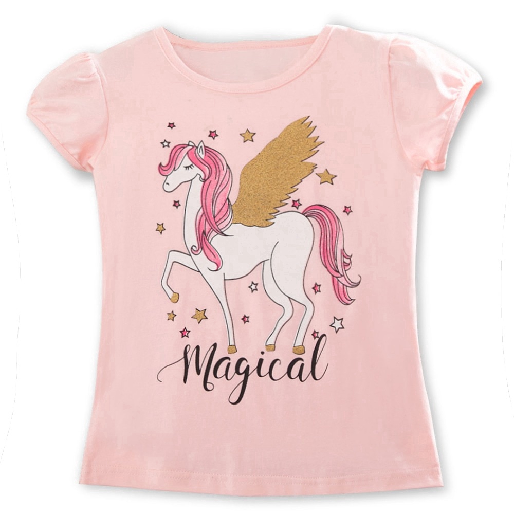 Áo Thun Tay Ngắn In Hình Kỳ Lân Dễ Thương Cho Bé Gái