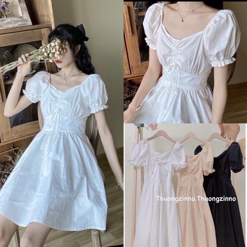 [Ảnh thật/Video]Váy thiết kế tay bồng rút ngực Đầm rút ngực bo eo Hàng Quảng Châu