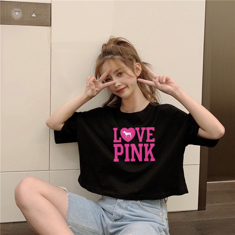 Áo Thun Crotop Form Rộng Unisex Tay Ngắn In Chữ LOVEPINK Ulzzang Style Hàn Quốc TTT0149