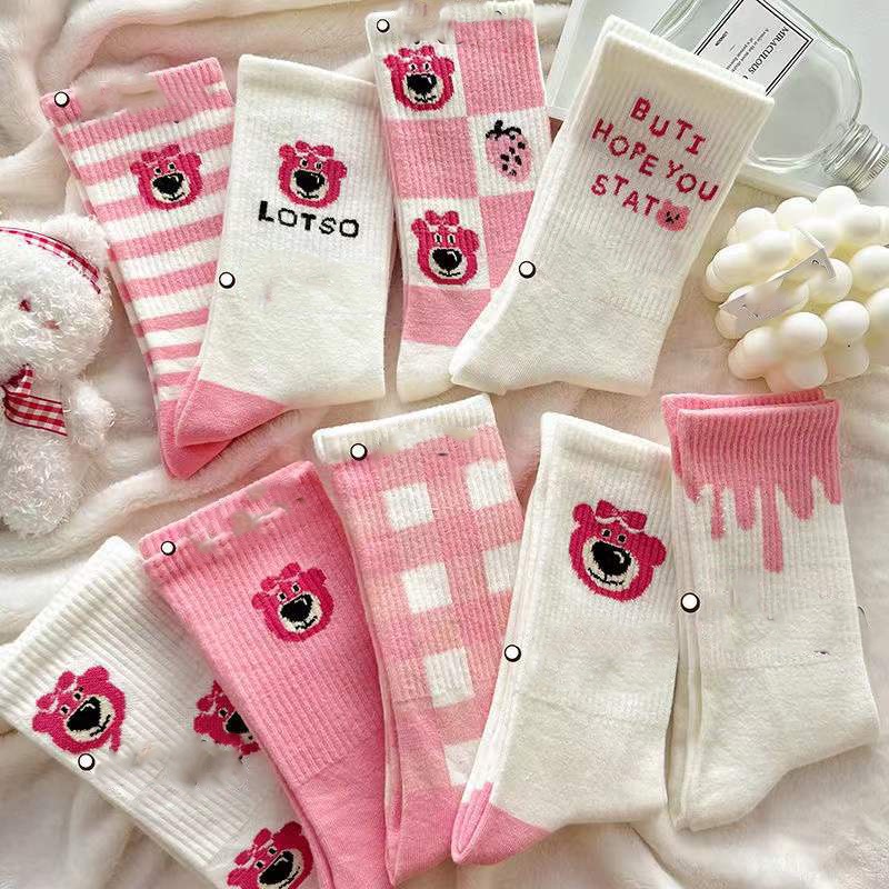Vớ cotton Kẻ Sọc Đen Trắng In Hình Gấu Hoạt Hình
