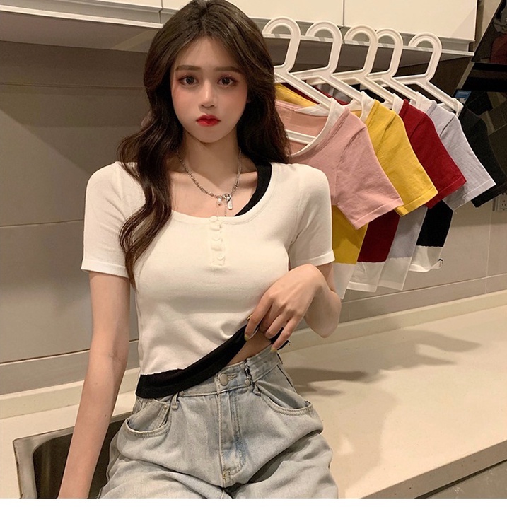 【ZHELIHANGFEI】 Áo Thun Dệt Kim Mỏng Tay Ngắn Dáng Ôm Giả Hai Lớp Thời Trang Mùa Hè Bán Chạy Cho Nữ
