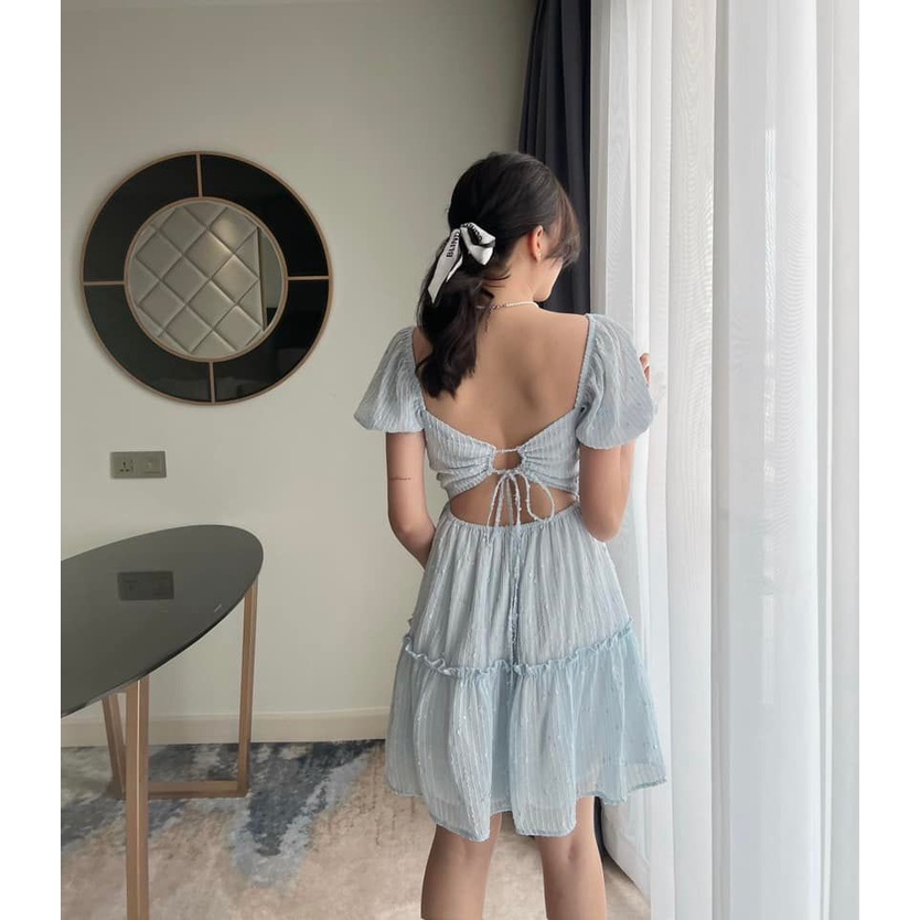 [HÀNG THIẾT KẾ CAO CẤP] Đầm Xòe Tay Phồng Cut Out Cột Nơ Hở Lưng Đi Biển / Đi Tiệc Dễ Thương Màu Xanh Pastel