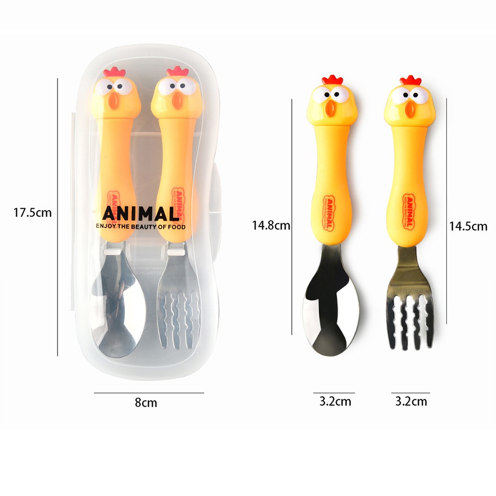 Set Thìa Dĩa inox 304 - Cán Hình Ếch Gà Đáng Yêu - Tặng Hộp Sạch Sẽ