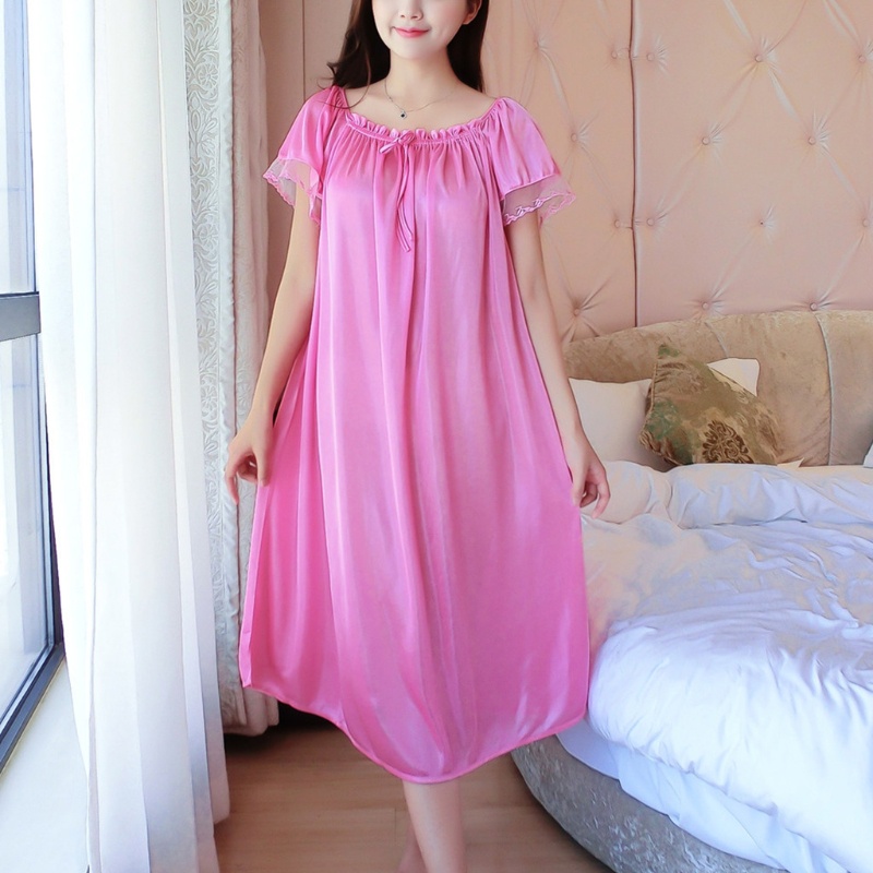 Đầm Ngủ Lụa Lạnh Tay Ngắn Dáng Rộng Phối Ren Plus Size XL Dành Cho Nữ