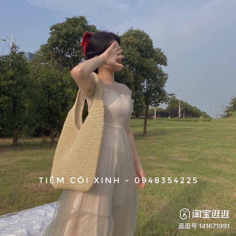 Túi Cói Lang Thang To Rộng Đựng Nhiều Đồ Đeo Vai Đi Biển Có Dây Kéo Dáng Thầy Tu