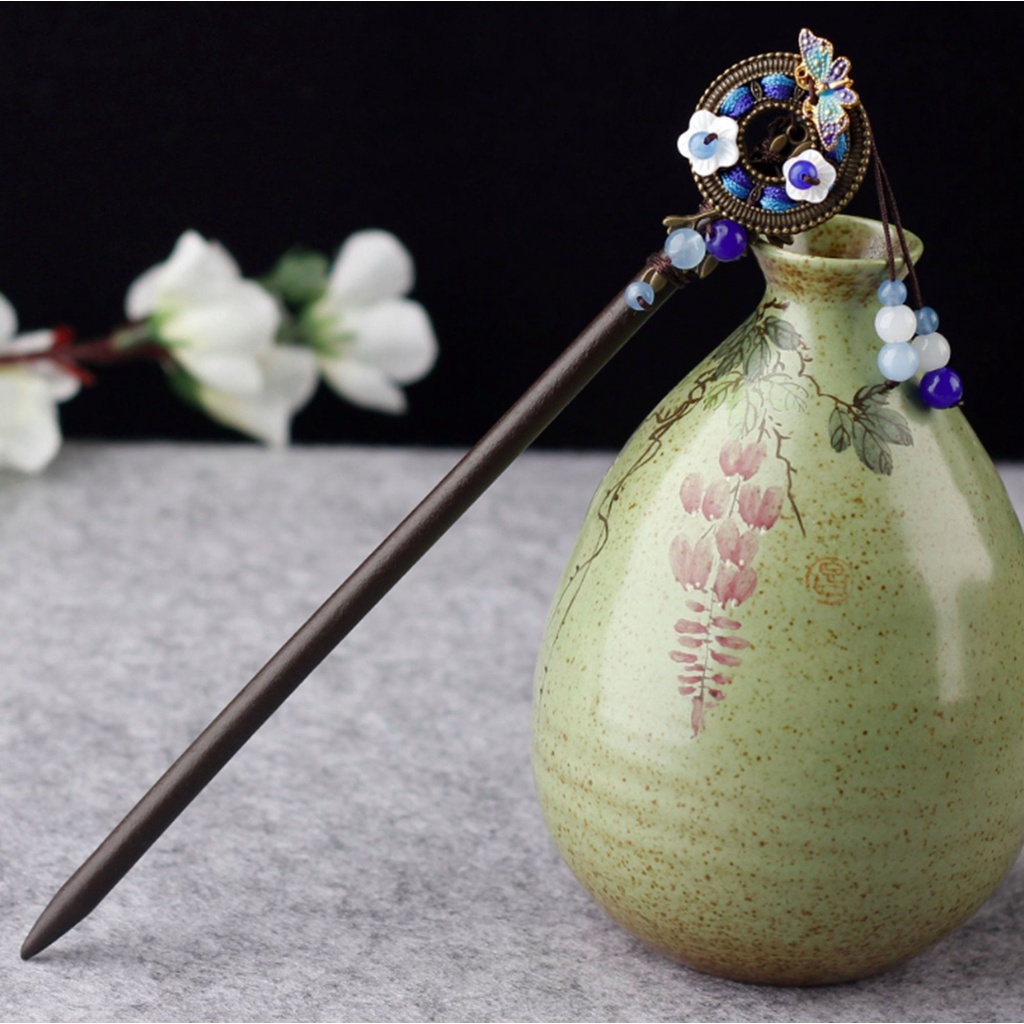 Trâm gỗ cổ trang Hoa Nhí Xanh Biển cài tóc nữ cổ trang phong các cổ đại cosplay nữ tính thời trang trung hia