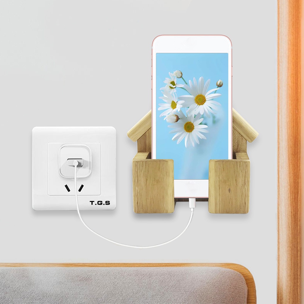 Kệ dán tường sạc pin điện thoại/remote điều khiển chất liệu gỗ tự nhiên - hình ngôi nhà