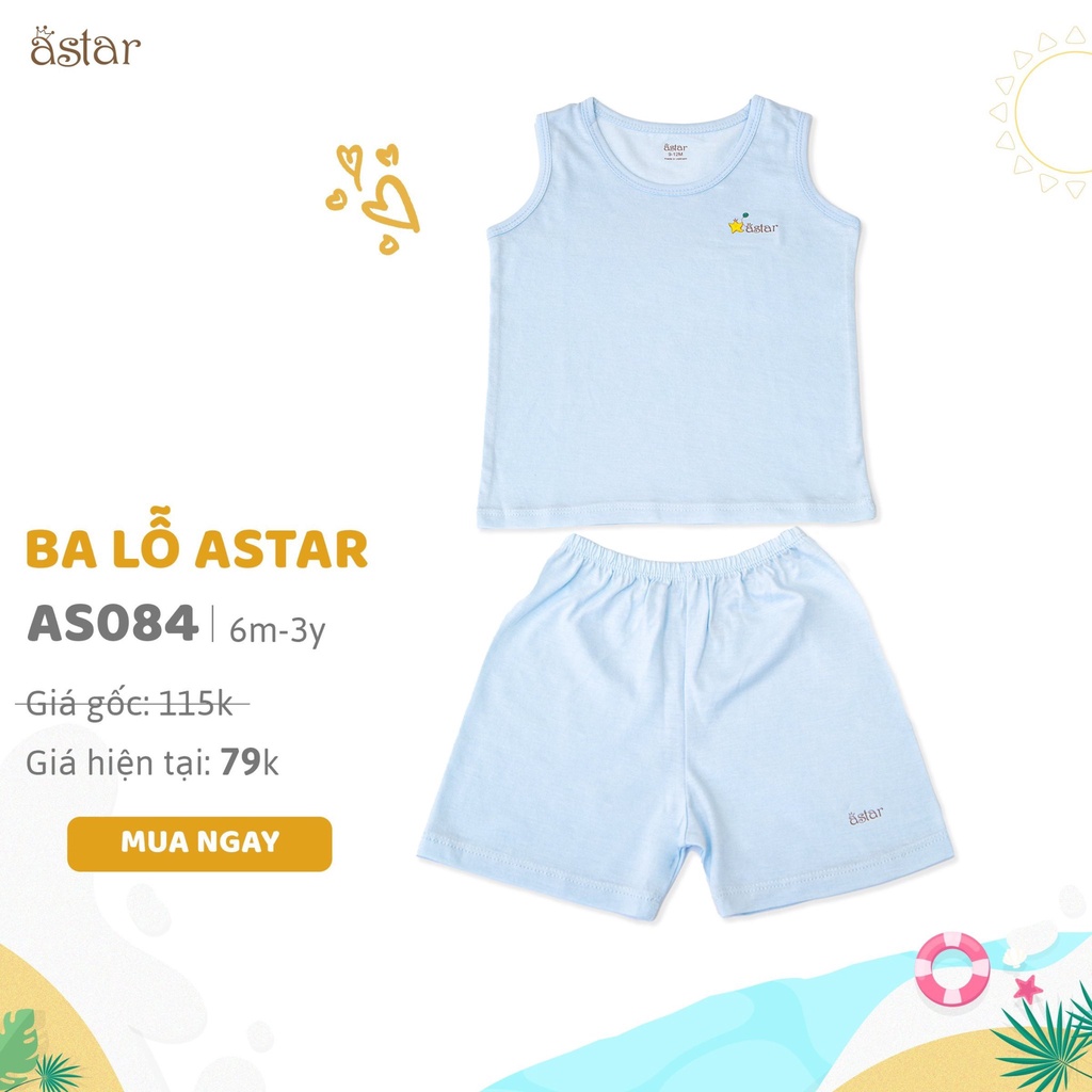 Bộ ba lỗ Astar họa tiết trơn cho bé 5-15kg