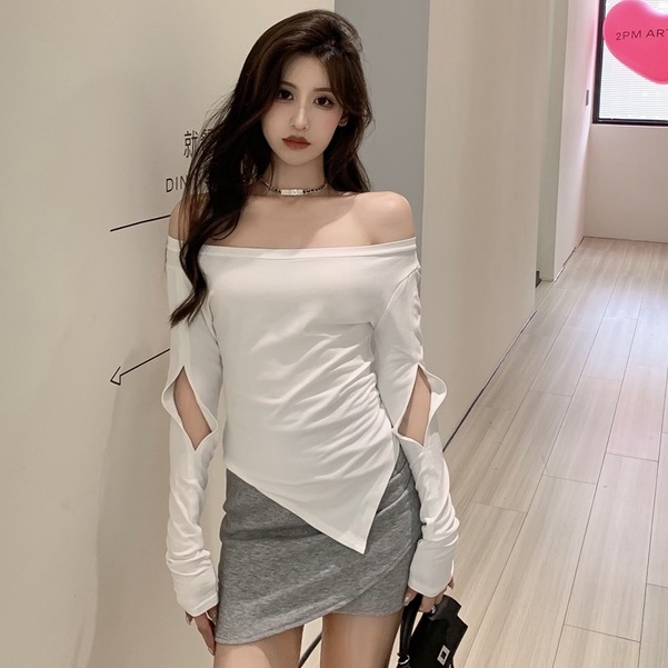 Áo Thun Tay Dài Trễ Vai Phong Cách Hàn Quốc Quyến Rũ Cho Nữ
