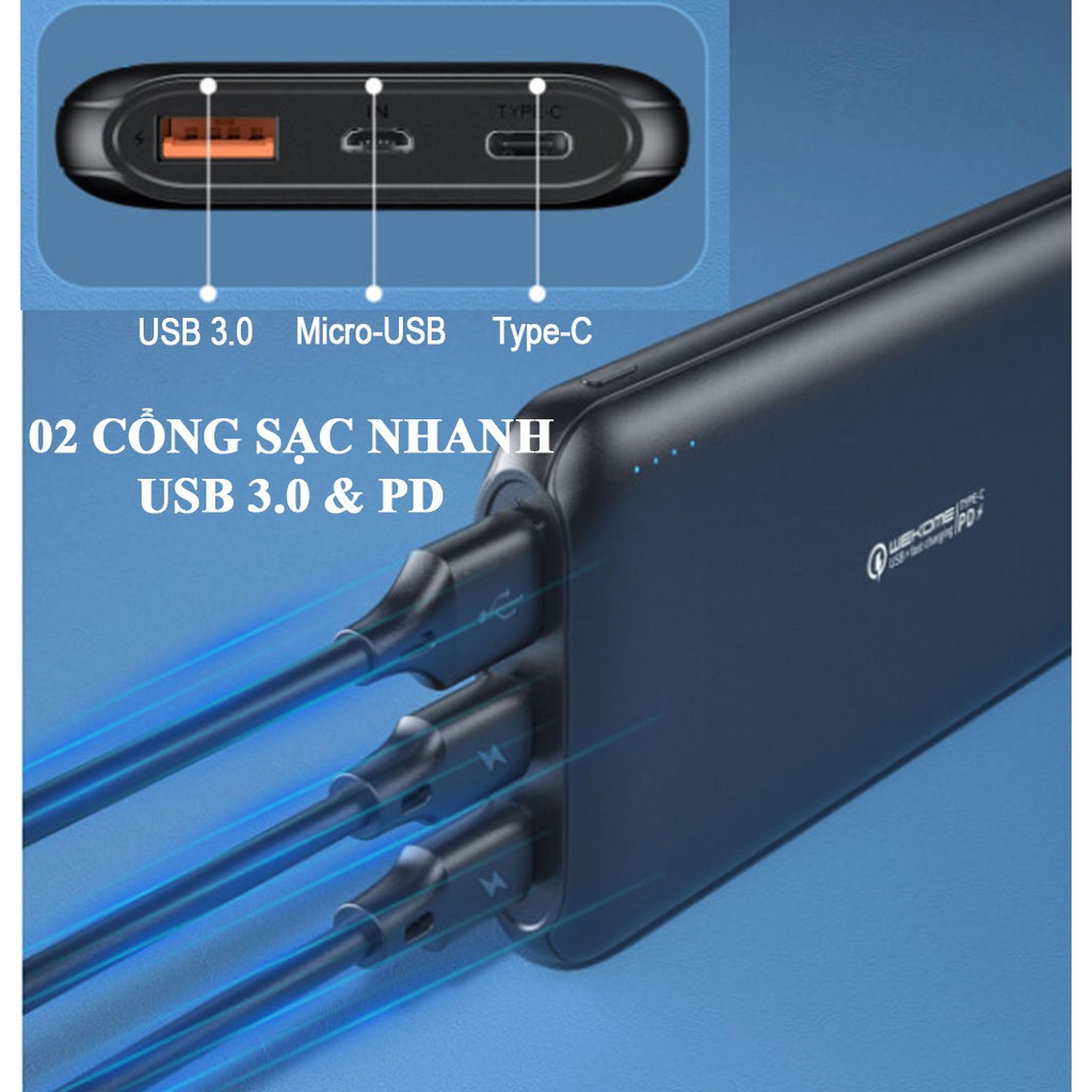 Pin sạc dự phòng 10.000mAh Wekome WP187, Sạc nhanh QC 3.0, PD 20W - Hàng Chính Hãng