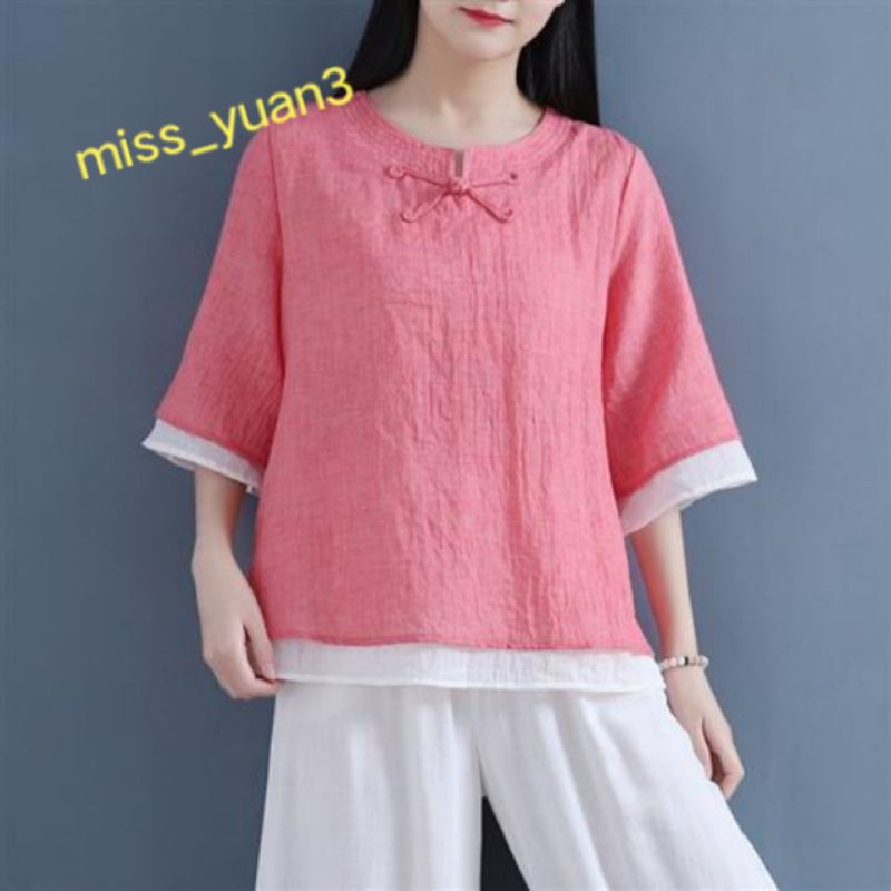 Áo Sơ Mi Cotton Lanh Ngắn Rộng Rãi Ba Lớp Cài Nút Thời Gian Retro Trung Hoa Mùa Hè Cho Nữ Zen Trà