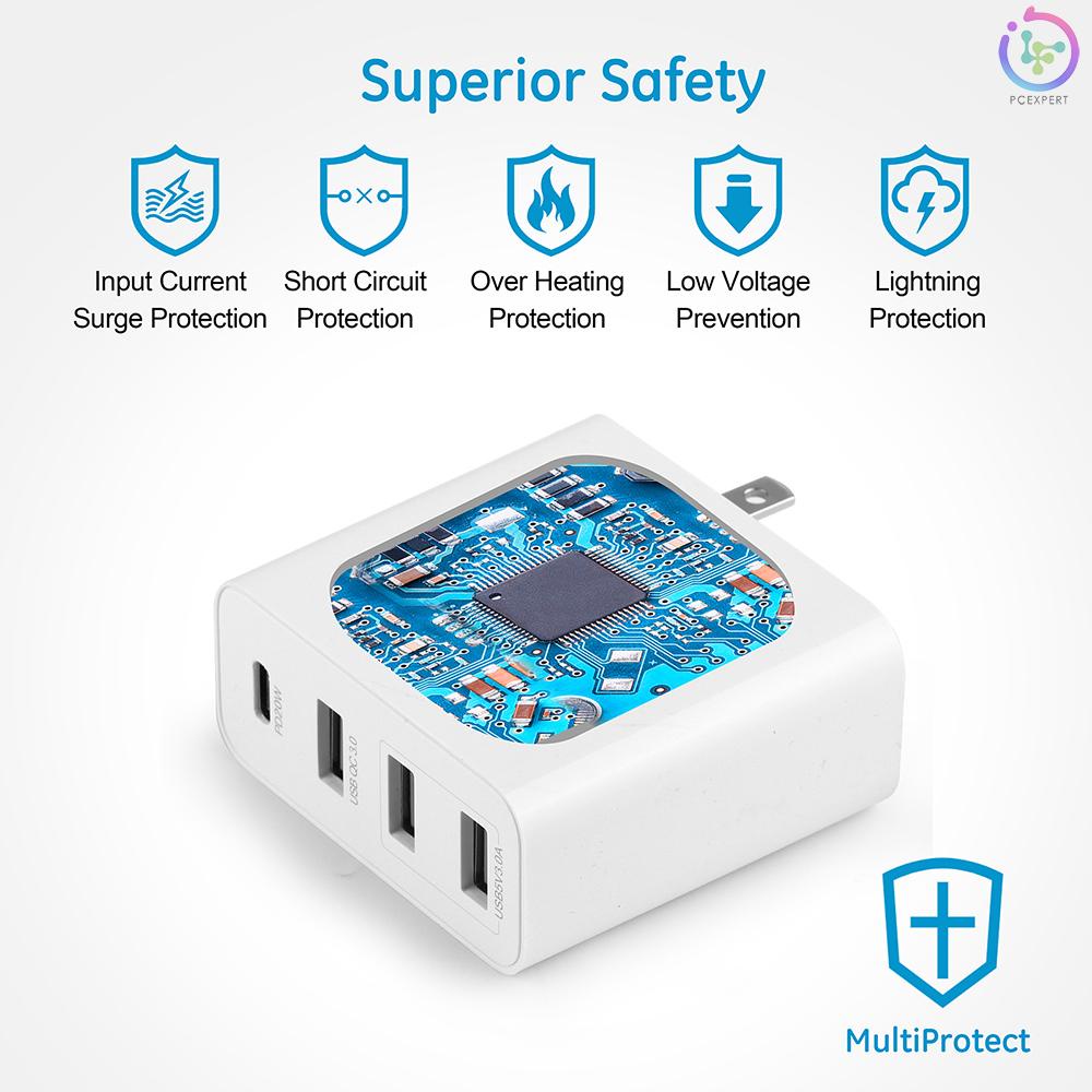 WLX-A6 4 Ports PD+QC3.0 Adapter USB Output Portable Quick Charge 53W Adapter UK Plug