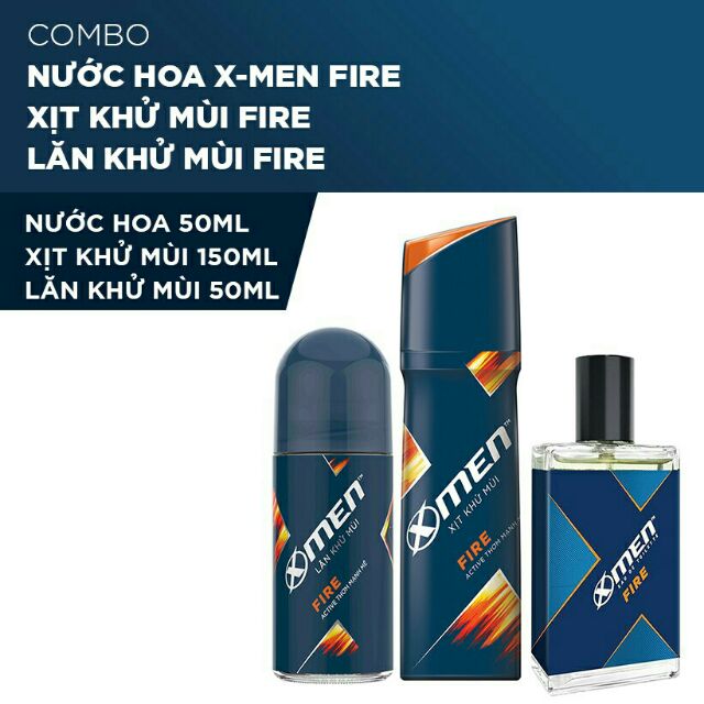 Combo nước hoa  Xmen Fire - xịt khử mùi Xmen - Lăn Xmen 50ml