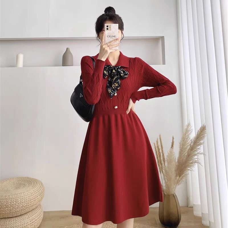 SỈ VÁY LEN XOÈ NƠ CỔ 2 MÀU DÀI TAY CHO NỮ Q1415