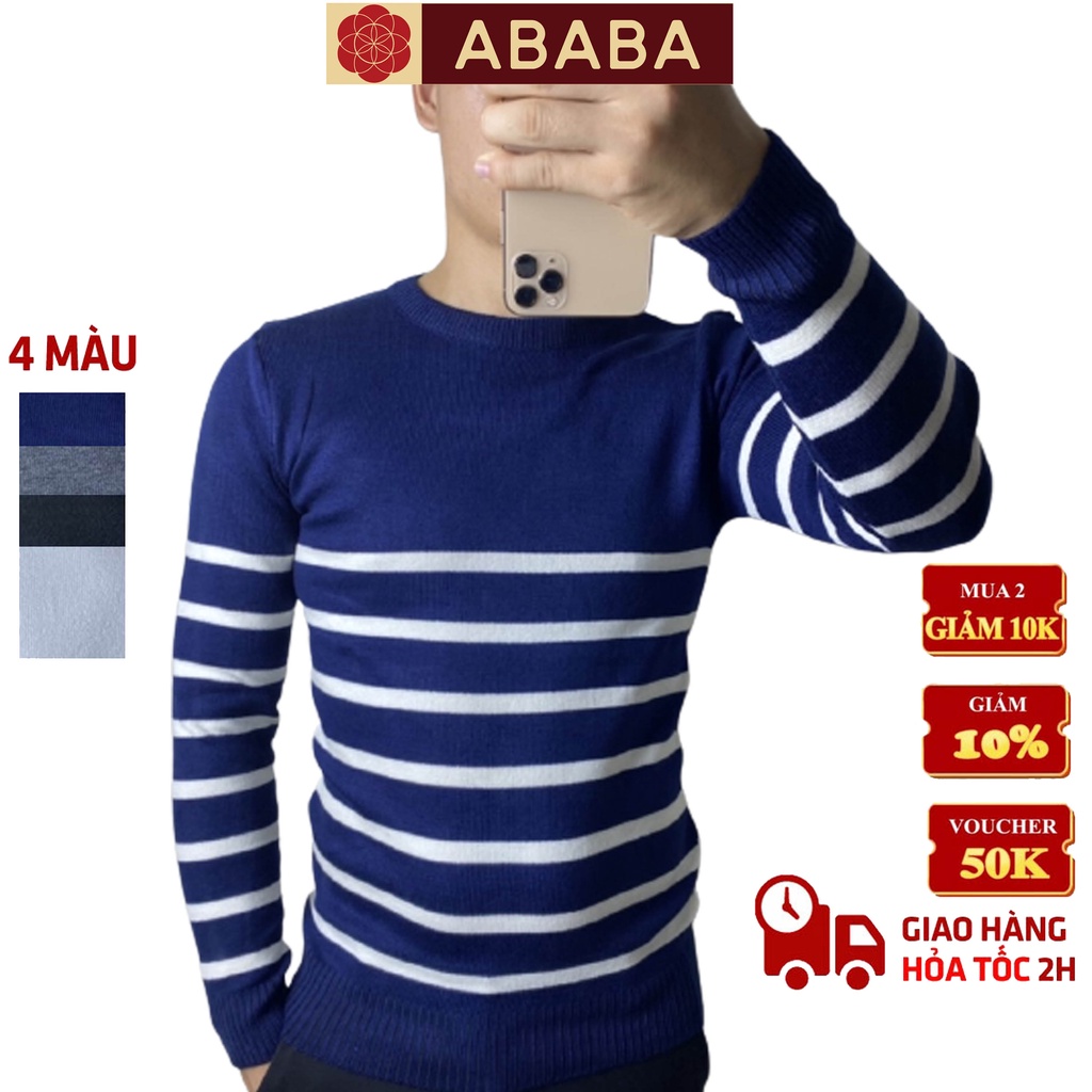 Áo len nam cổ tròn Hàn Quốc ABABA, tay dài cổ tròn, kẻ toàn thân m9 ABA-04