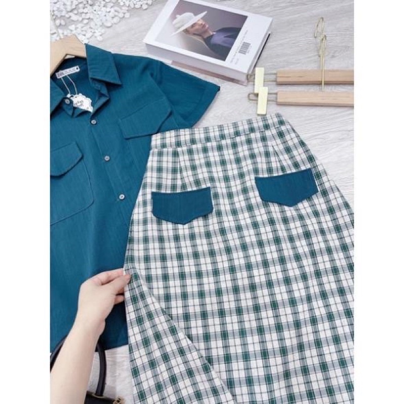 Sét Áo Caro xanh phối chân váy