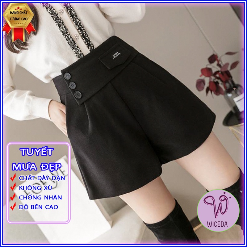 Quần short nữ lưng cao phối cạp 3 cúc Wiceda , quần đùi cạo cao đẹp hai màu đen be sáng chất tuyết mưa dày dặn QĐ401